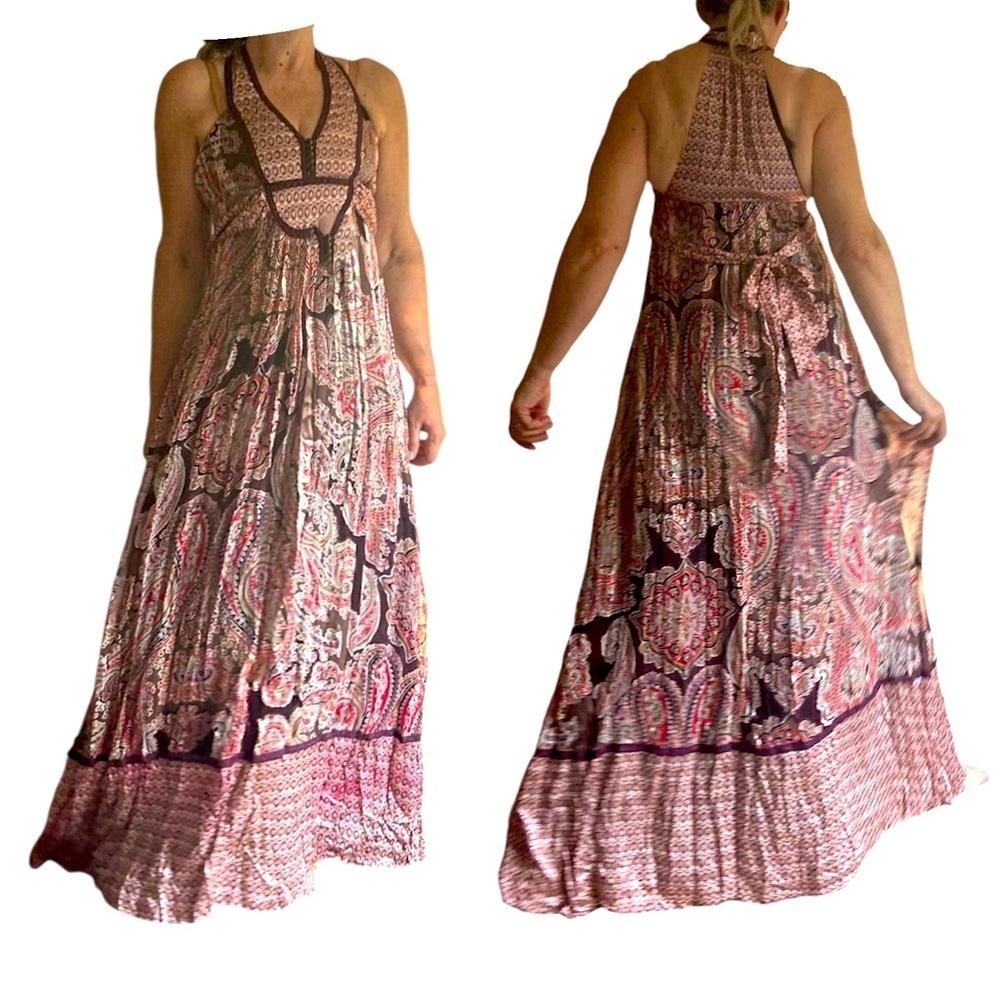 Mango silk long maxi dress paisley pattern print flowy special occasion boho